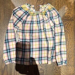 Boden Multicolor Plaid Blouse with Yellow Embroidery